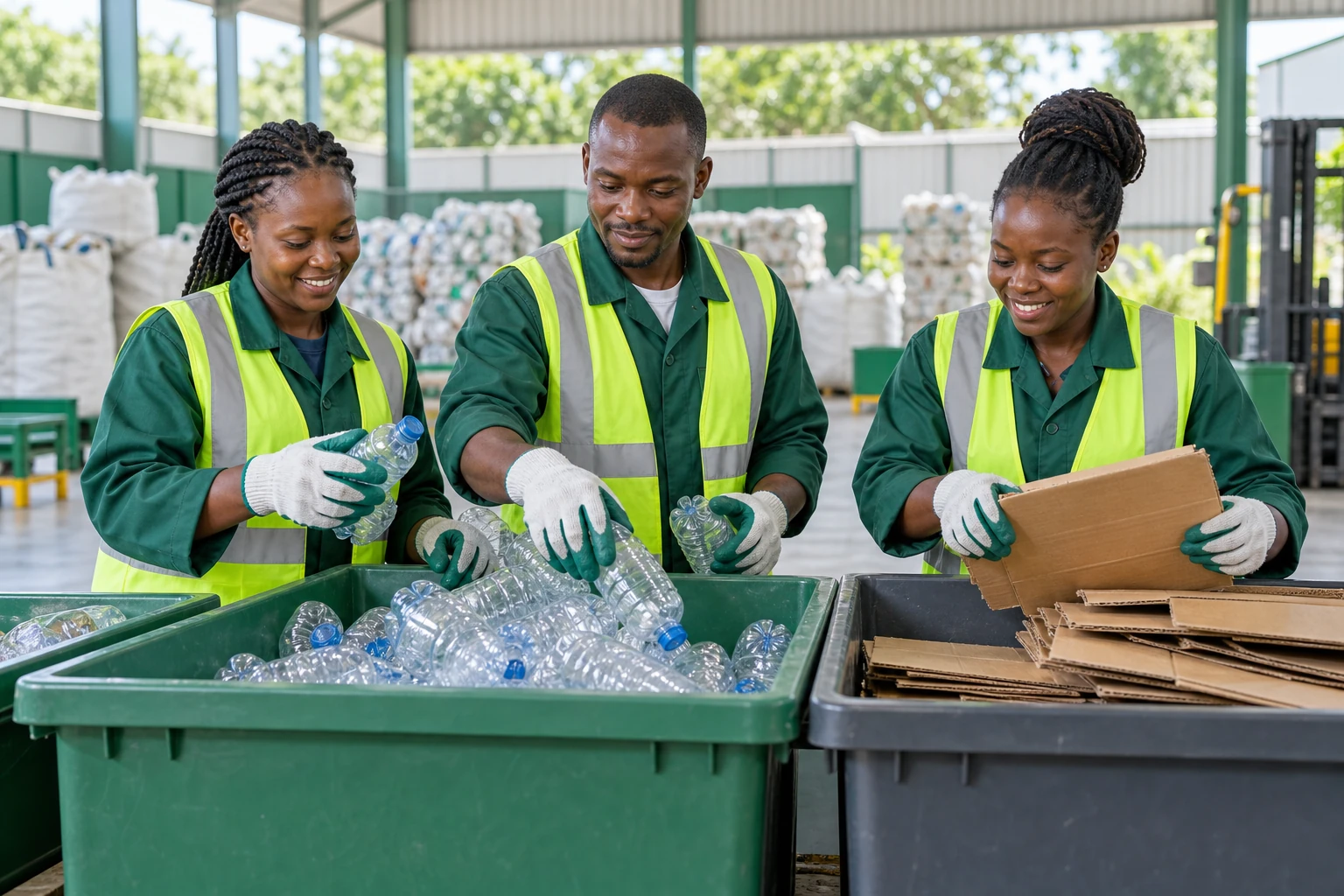 Illustration of Kenyan workers sorting packaging at a recycling facility, created with AI.